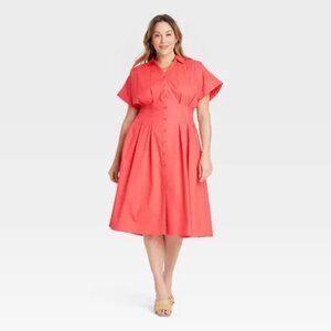 NEW Women's Short Sleeve Pleated Midi Shirtdress - Ava & Viv™ Coral Red XXL